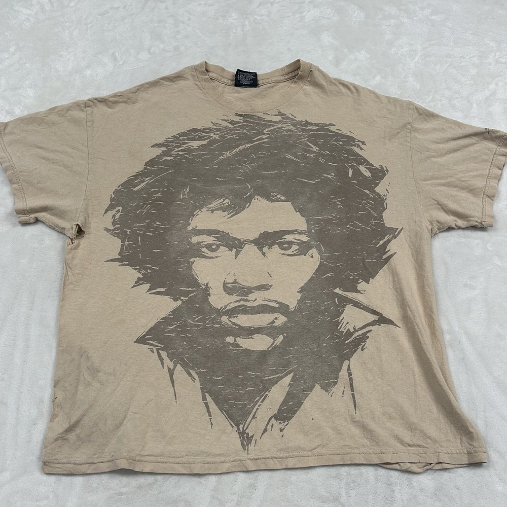 ODM Jimi Hendrix T-Shirt Mens XL Tan Graphic Portrait Rock Band Tee